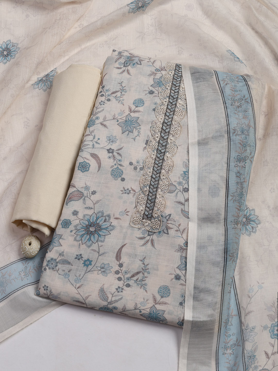 Patch Neck Linen Unstitched Suit Piece With Dupatta