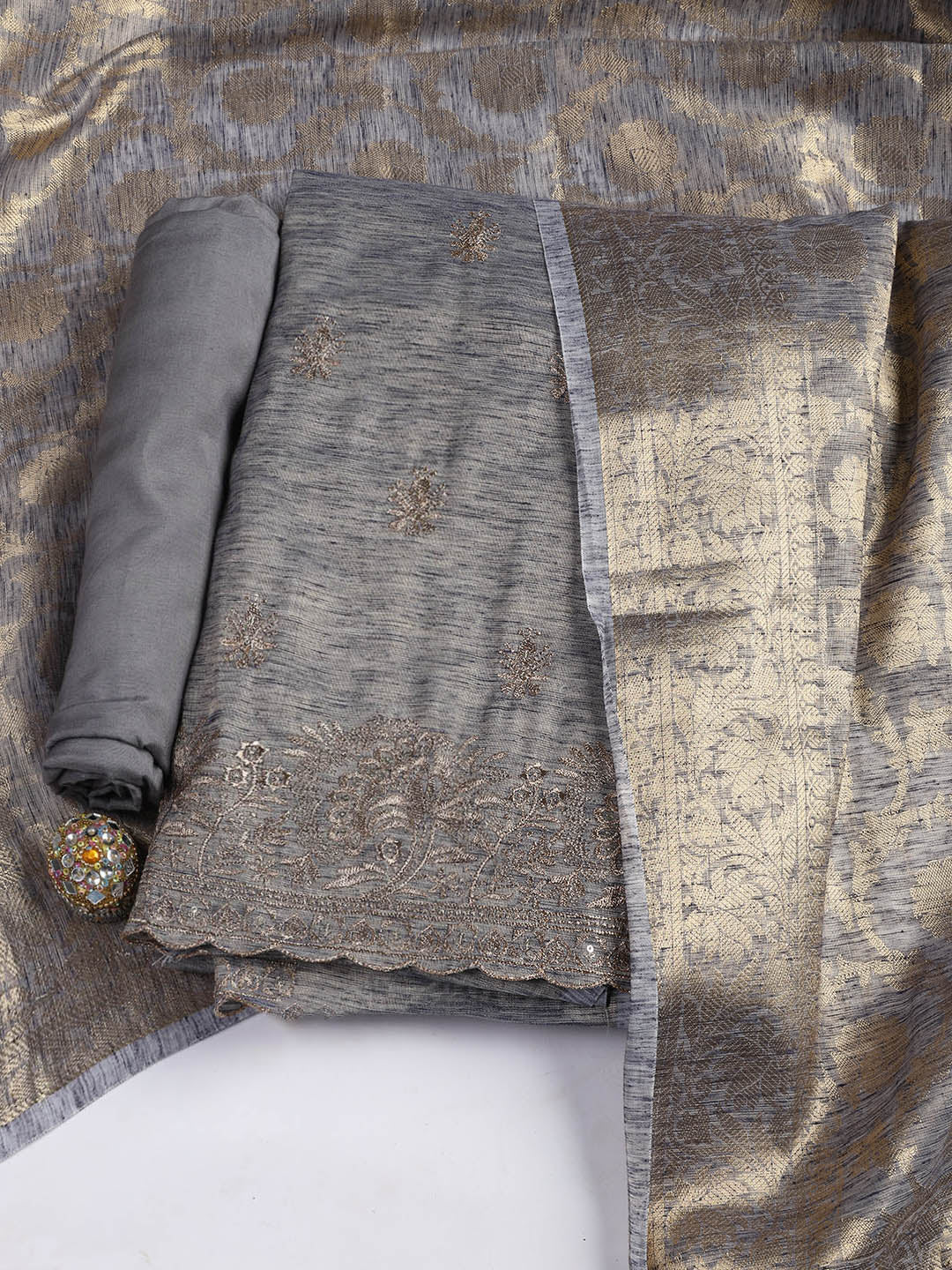 Embroidered Chanderi Unstitched Suit Piece With Dupatta