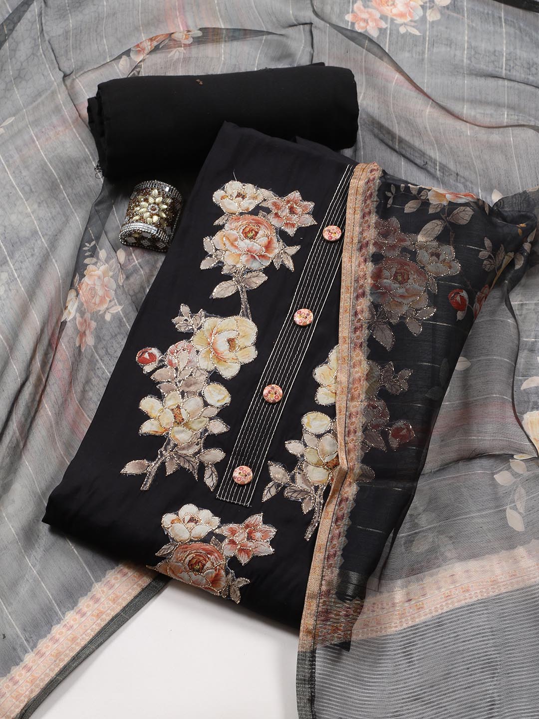 Neck Embroidered Cotton Blend Unstitched Suit Piece With Dupatta