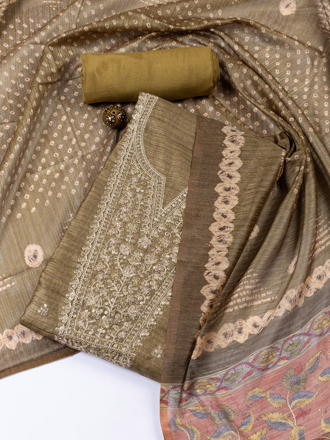 Neck Embroidered Tussar Unstitched Suit Piece With Dupatta