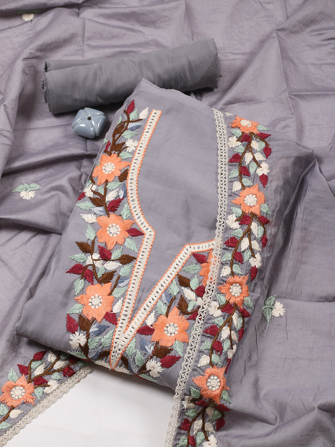 Neck Embroidered Chanderi Unstitched Suit With Dupatta