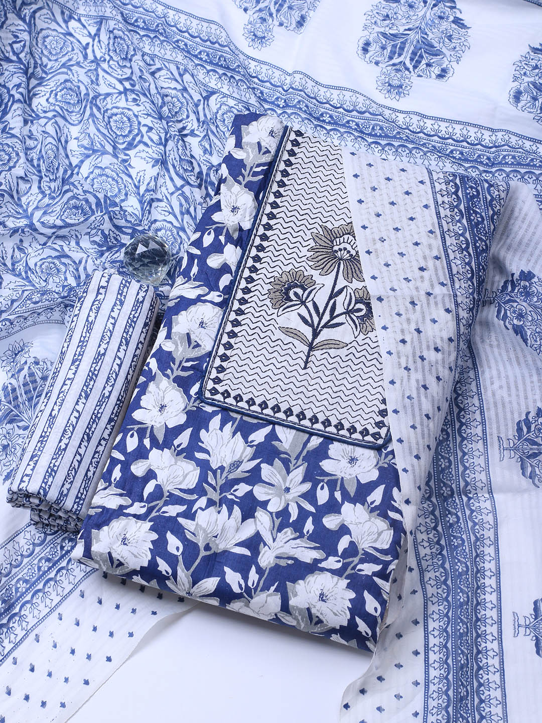 Printed Cotton Blend Unstitched Suit With Dupatta