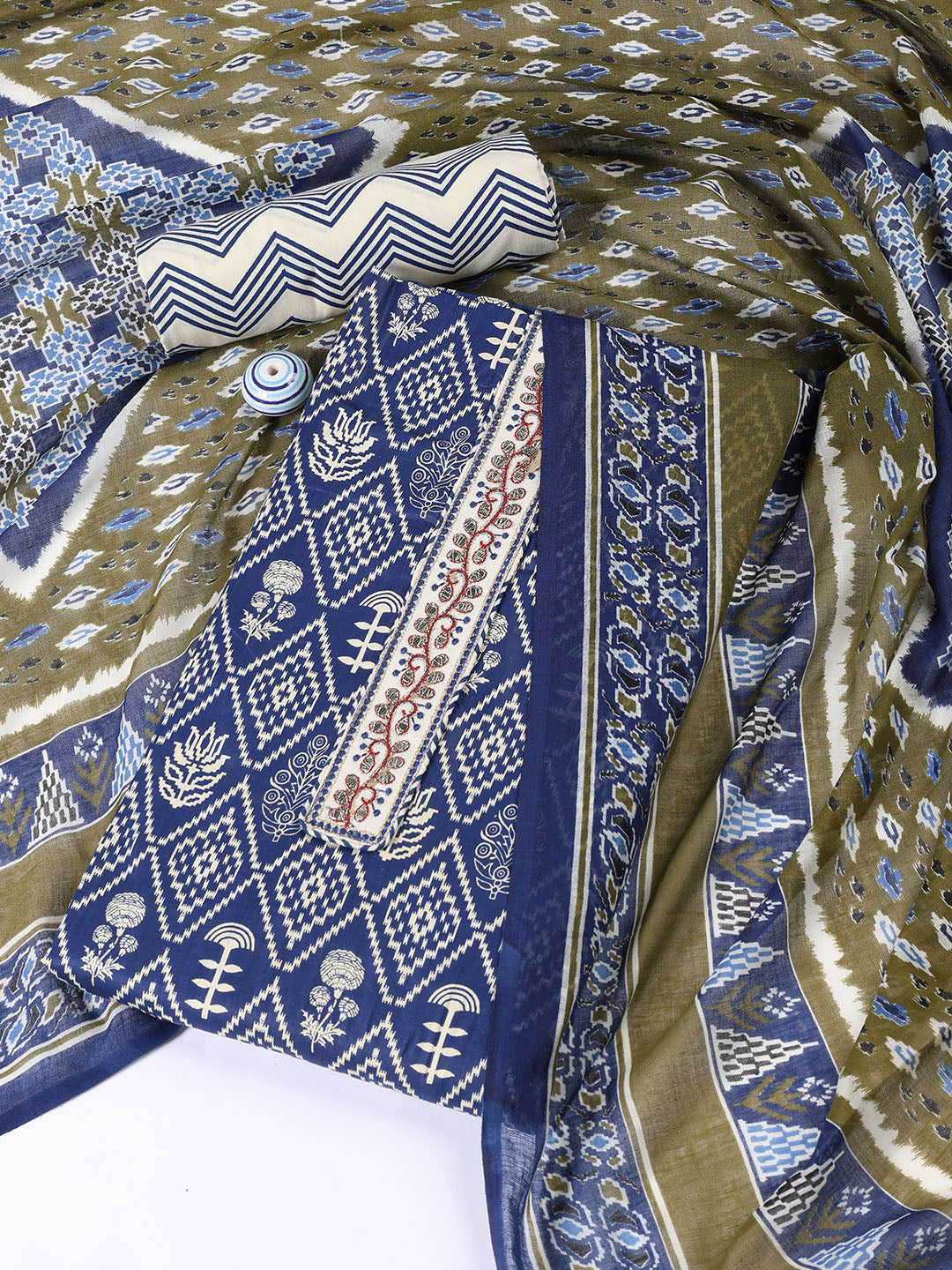 Neck Patti Cotton Blend Unstitched Suit With Dupatta