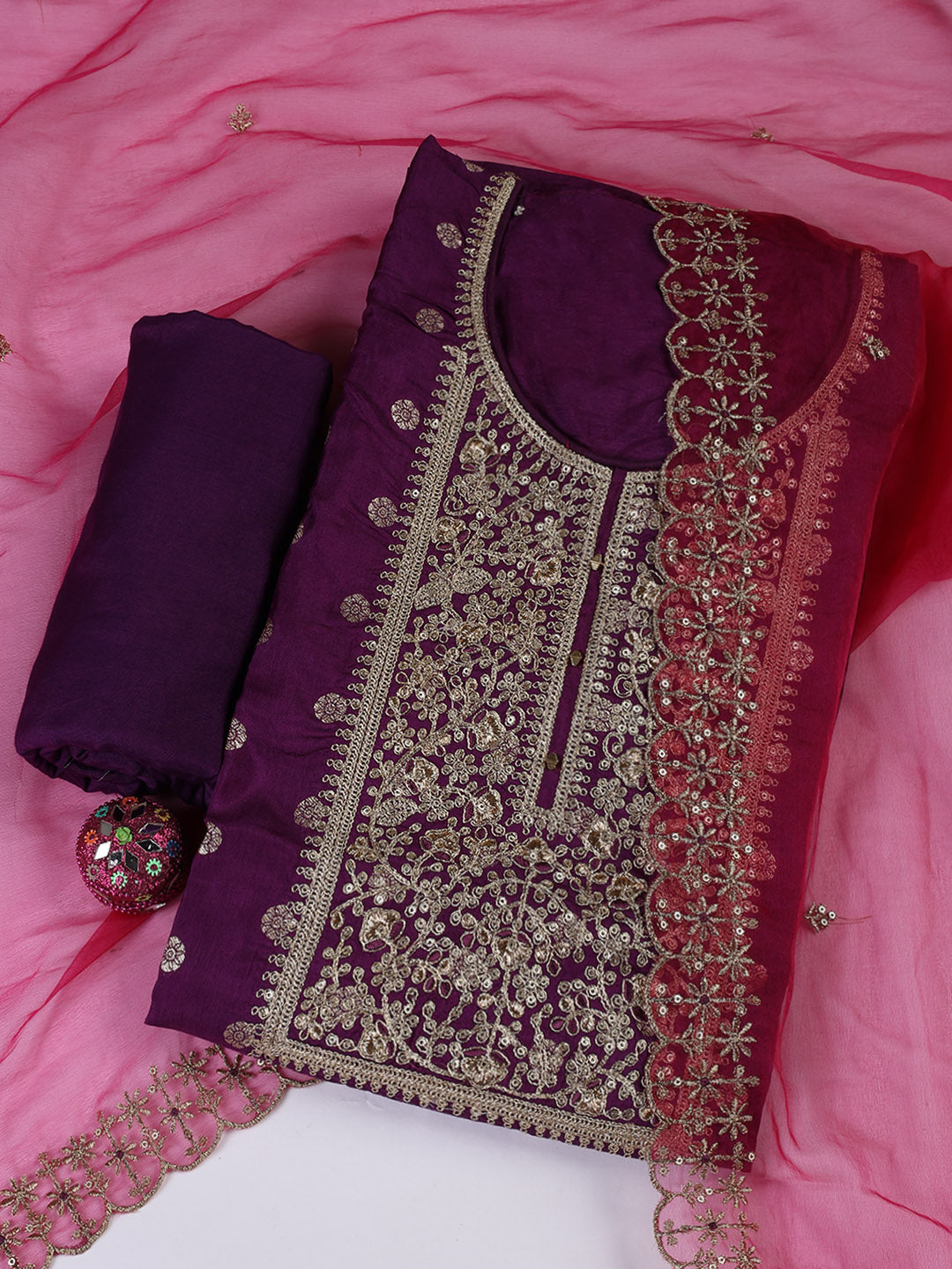 Embroidered Chanderi Unstitched Suit With Dupatta