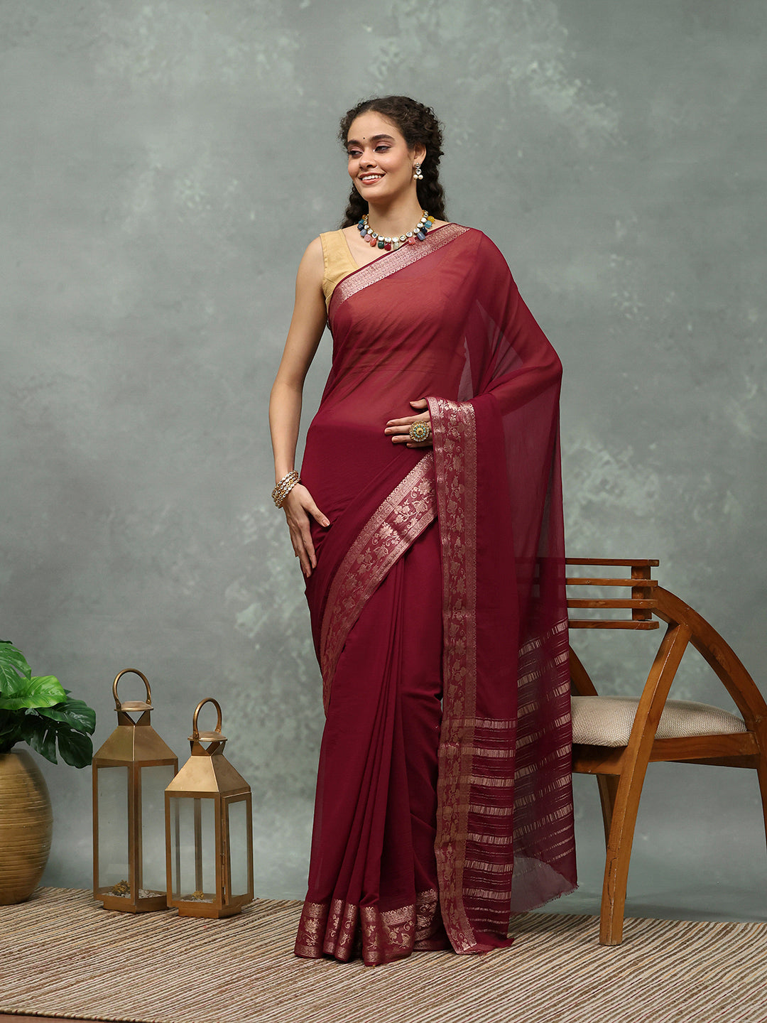 Woven Border Chiffon Woven Saree