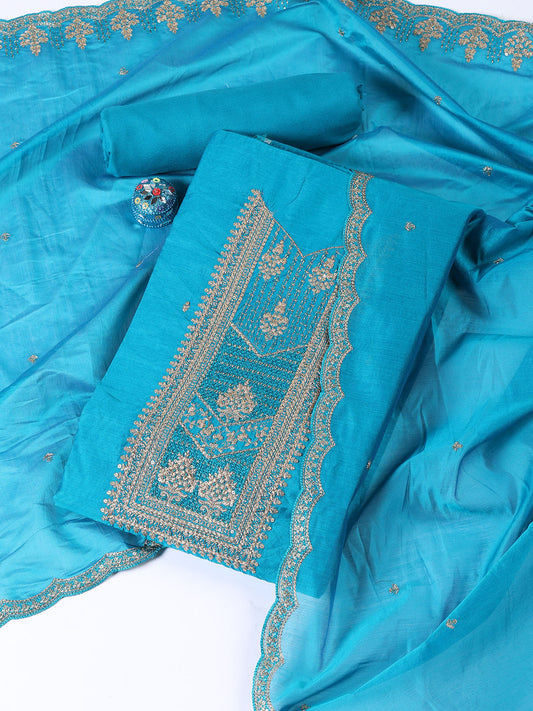 Neck Embroidered Chanderi Unstitched Suit Piece With Dupatta