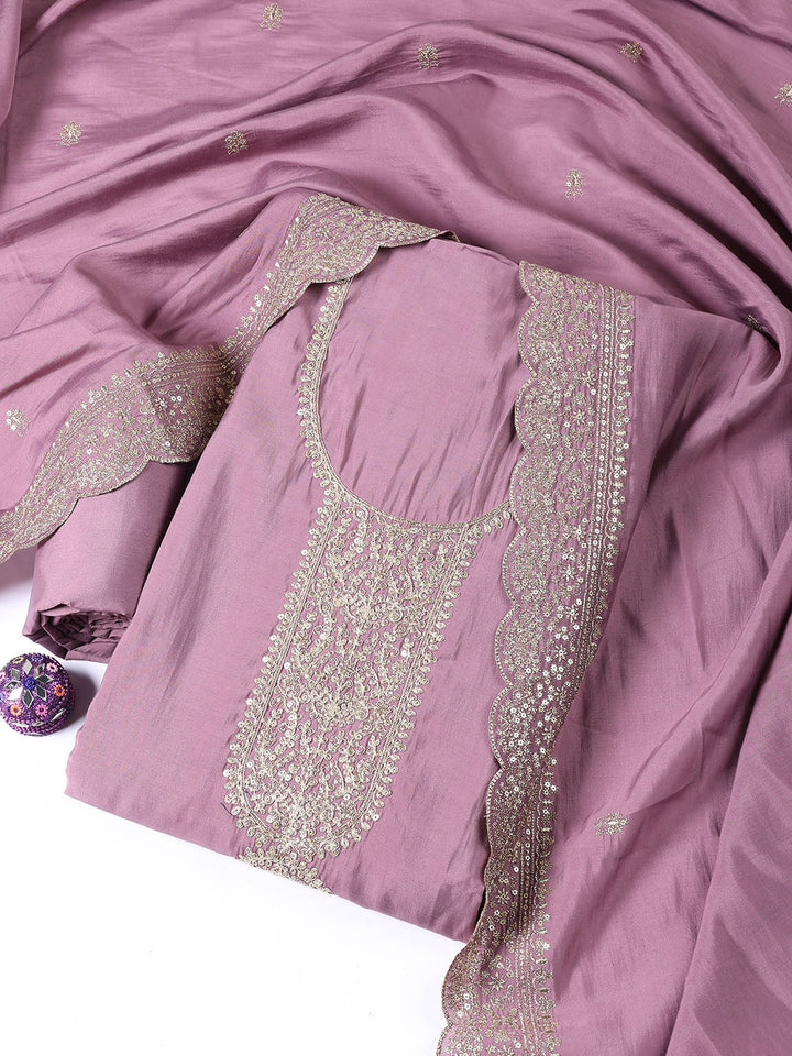 Neck Embroidered Chanderi Unstitched Suit Piece With Dupatta