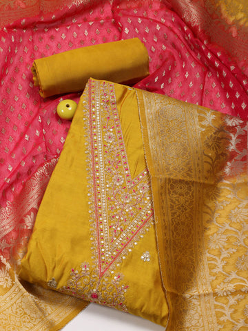 Neck Embroidery Chanderi Unstitched Suit Piece With Dupatta