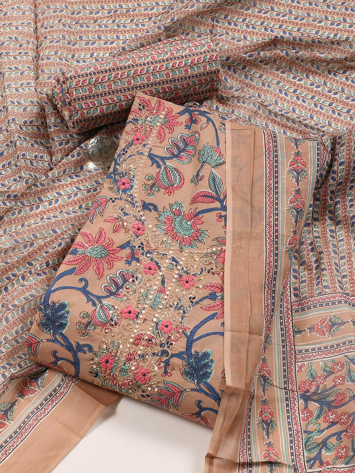 Printed Cotton Blend Unstitched Suit With Dupatta