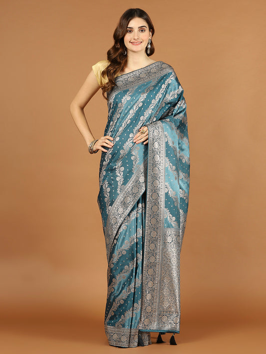 Stone Work Satin Embroidery Saree