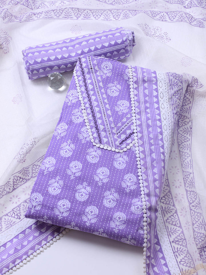 Printed Cotton Blend Unstitched Suit With Dupatta