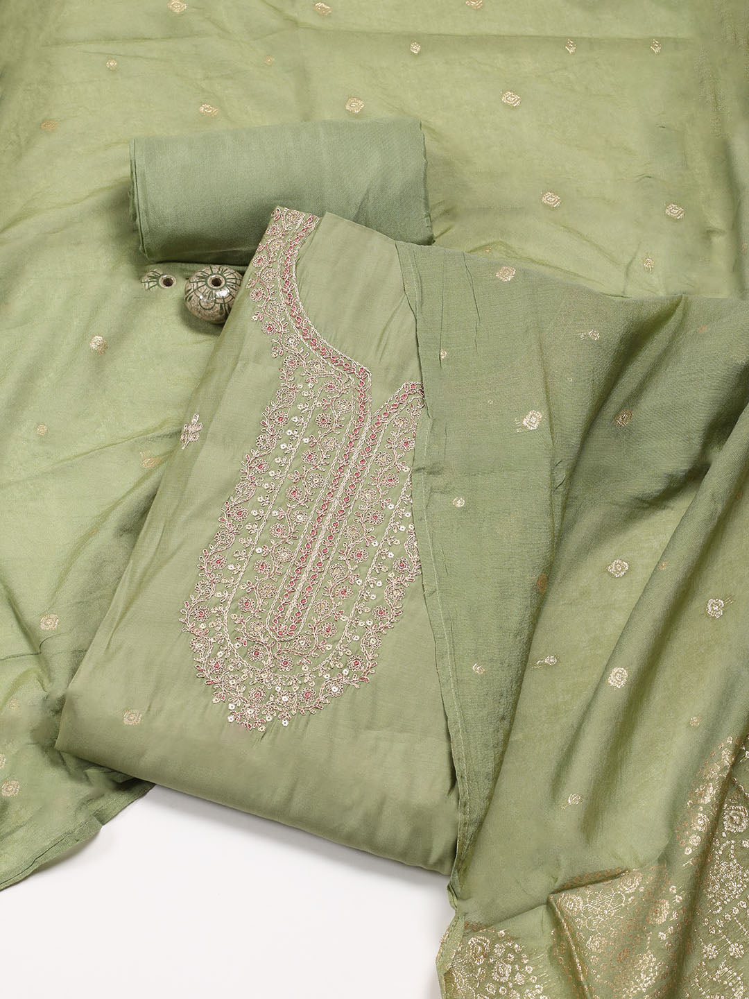 Neck Embroidery Chanderi Unstitched Suit Piece With Dupatta