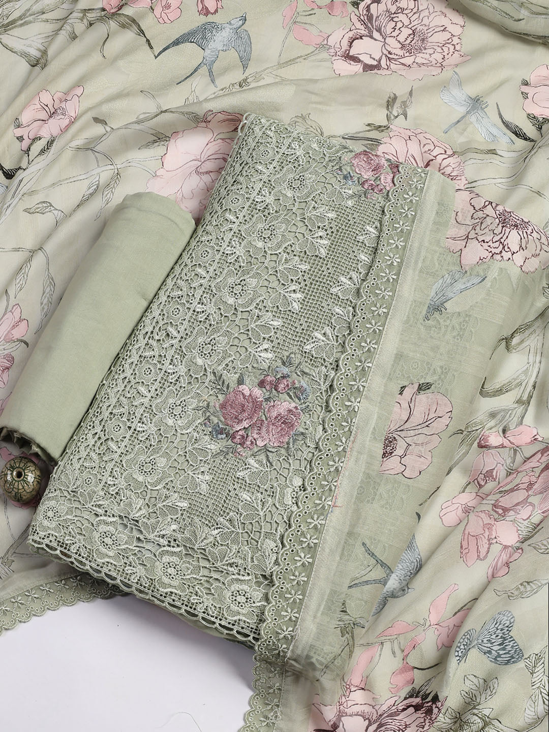 Embroidery Linen Unstitched Suit With Dupatta