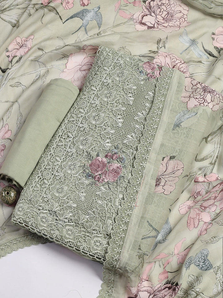 Embroidery Linen Unstitched Suit With Dupatta