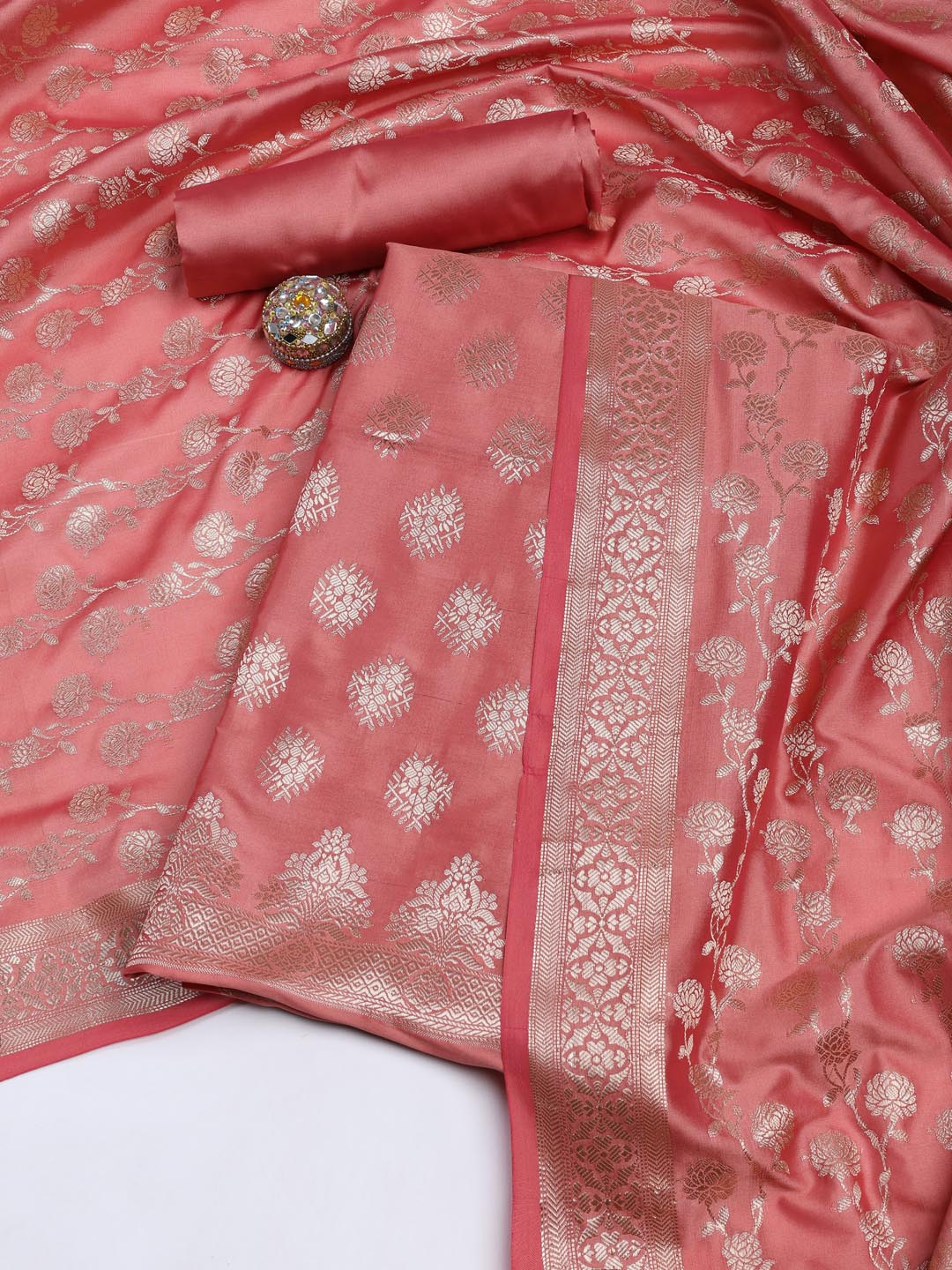 Floral Woven Booti Chanderi Unstitched Suit With Dupatta