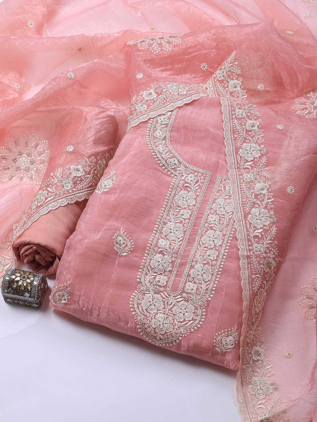 Neck Embroidery Organza Unstitched Suit Piece With Dupatta