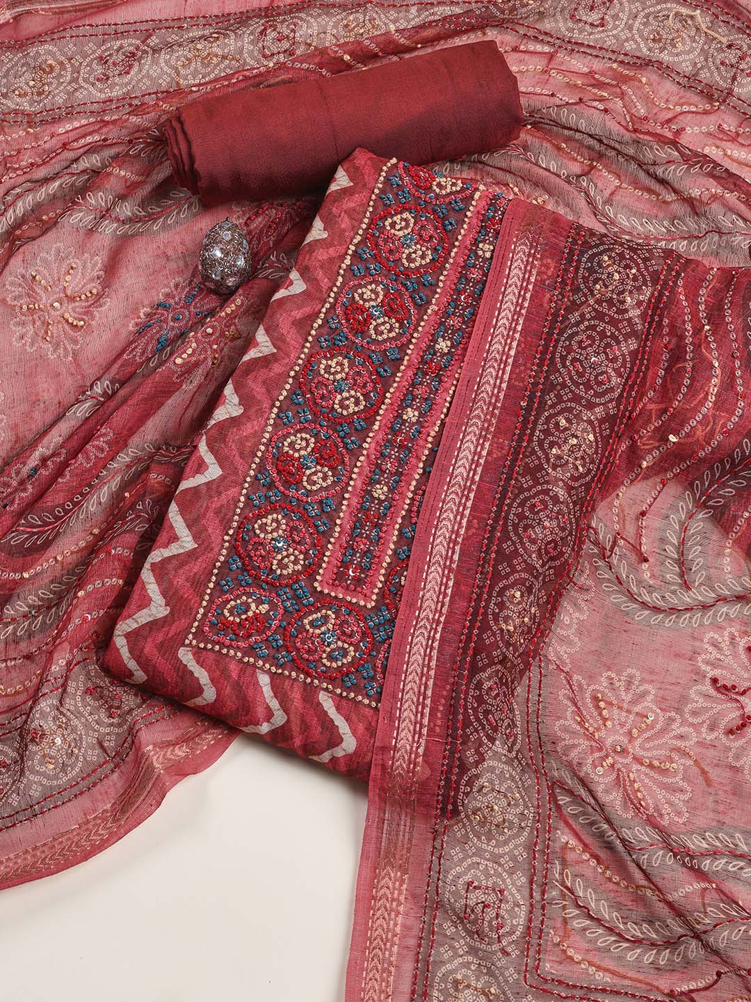 Yoke Embroidery Chanderi Unstitched Suit Piece With Dupatta