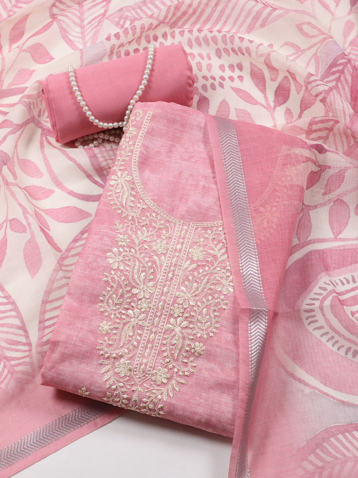 Neck Embroidered Chanderi Unstitched Suit With Dupatta