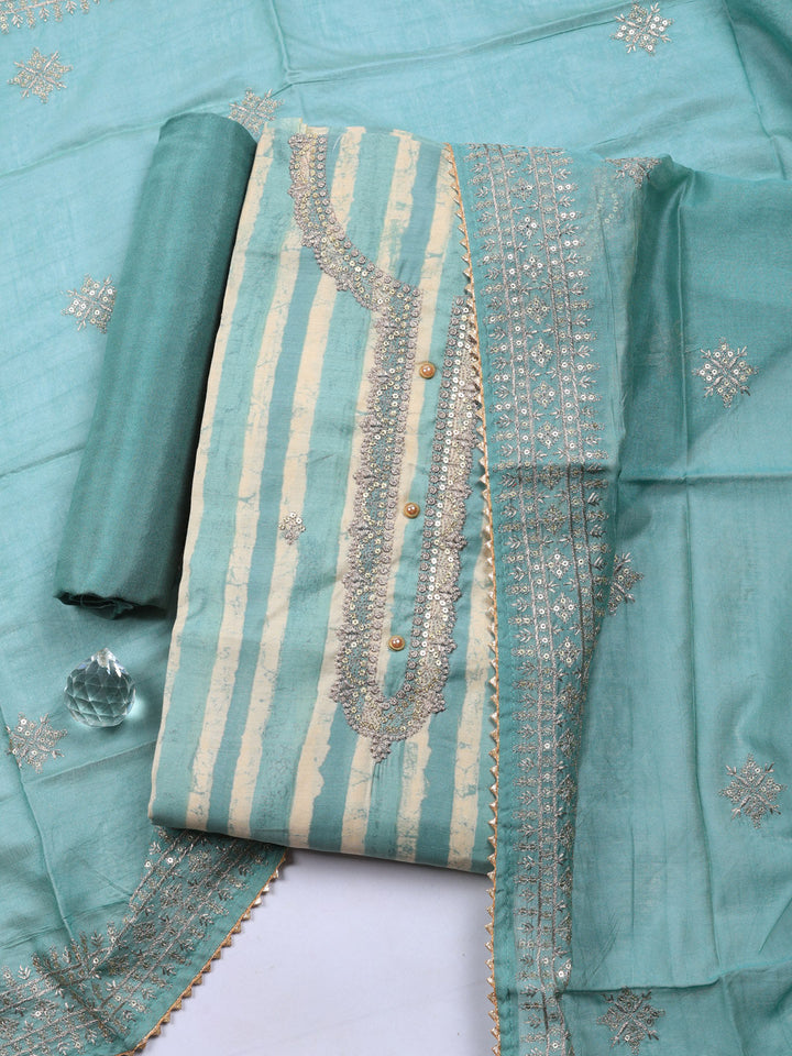 Embroidered Chanderi Unstitched Suit With Pant &amp; Dupatta