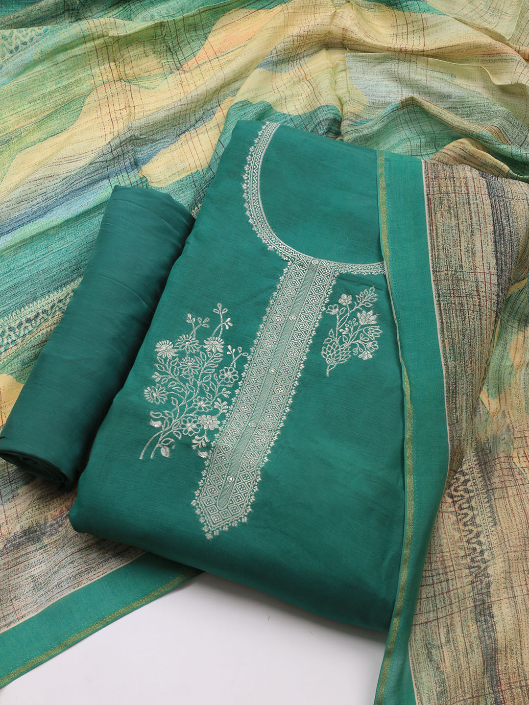 Zardozi Art Silk Unstitched Suit Piece With Dupatta