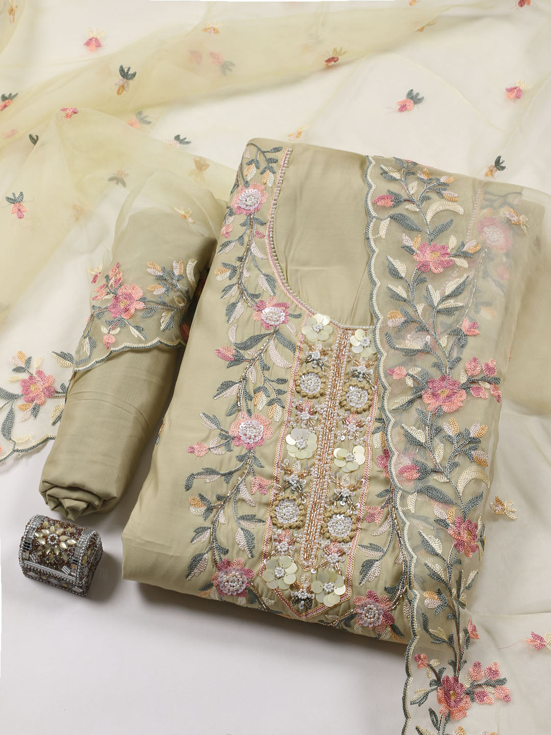 Neck Embroidered Chanderi Unstitched Suit With Dupatta