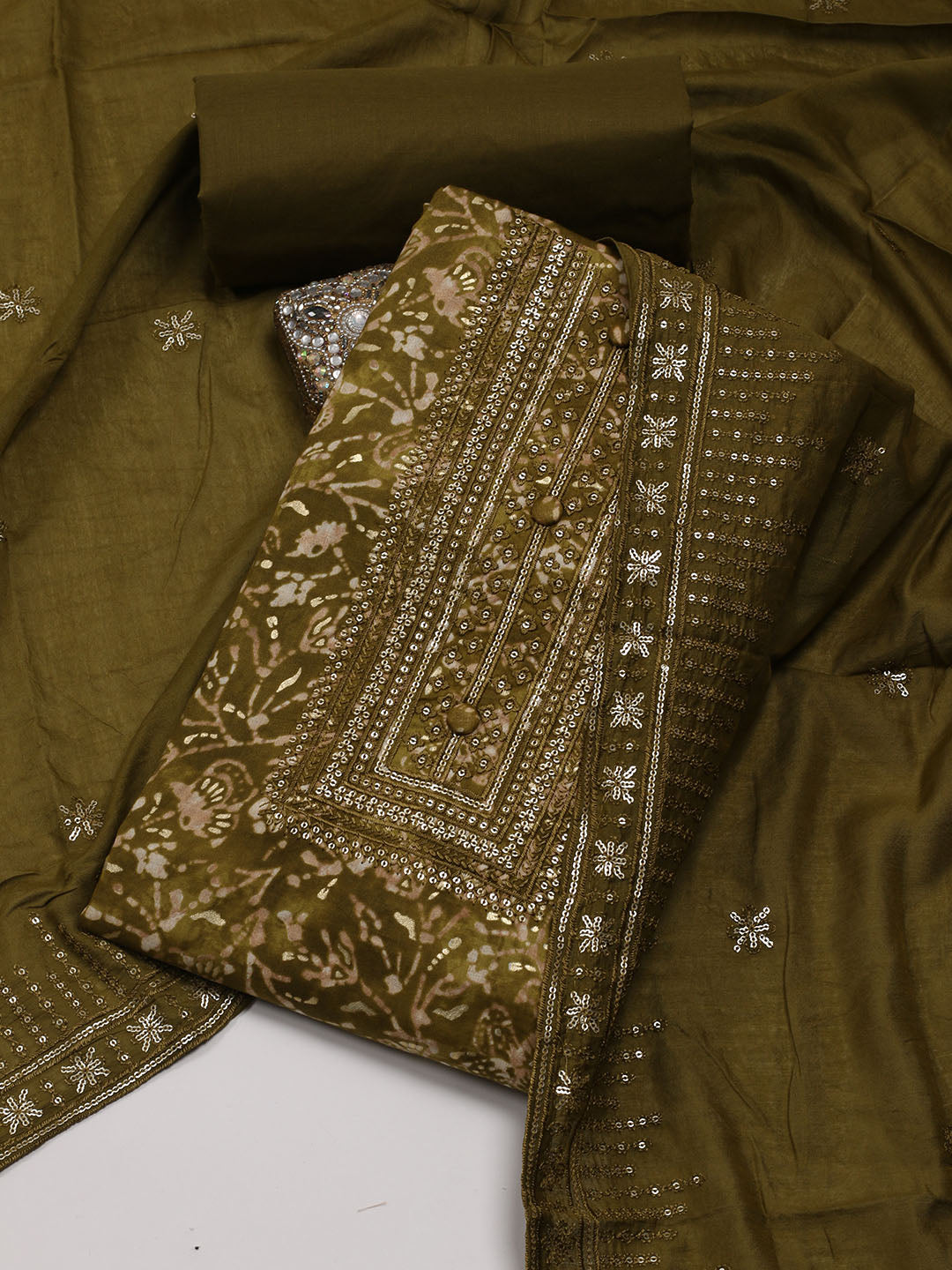 Neck Embroidered Cotton Blend Unstitched Suit Piece With Dupatta