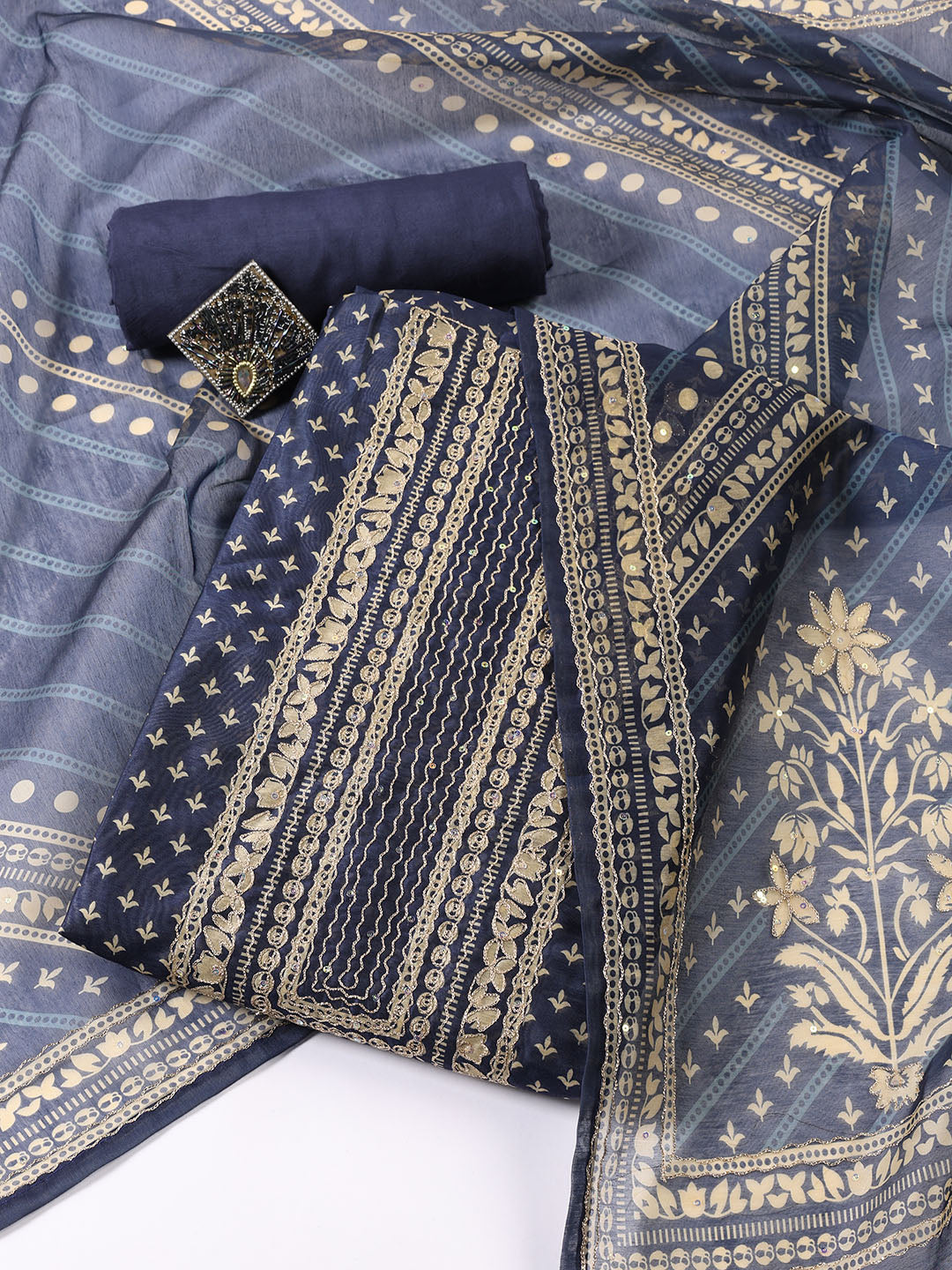 Neck Patti Chanderi Unstitched Suit With Dupatta