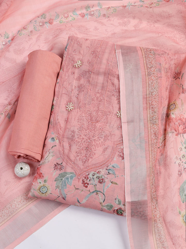 Floral Printed Linen Unstitched Suit Piece With Dupatta