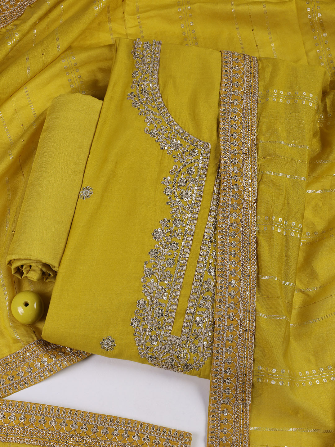Neck Embroidery Chanderi Unstitched Suit With Dupatta