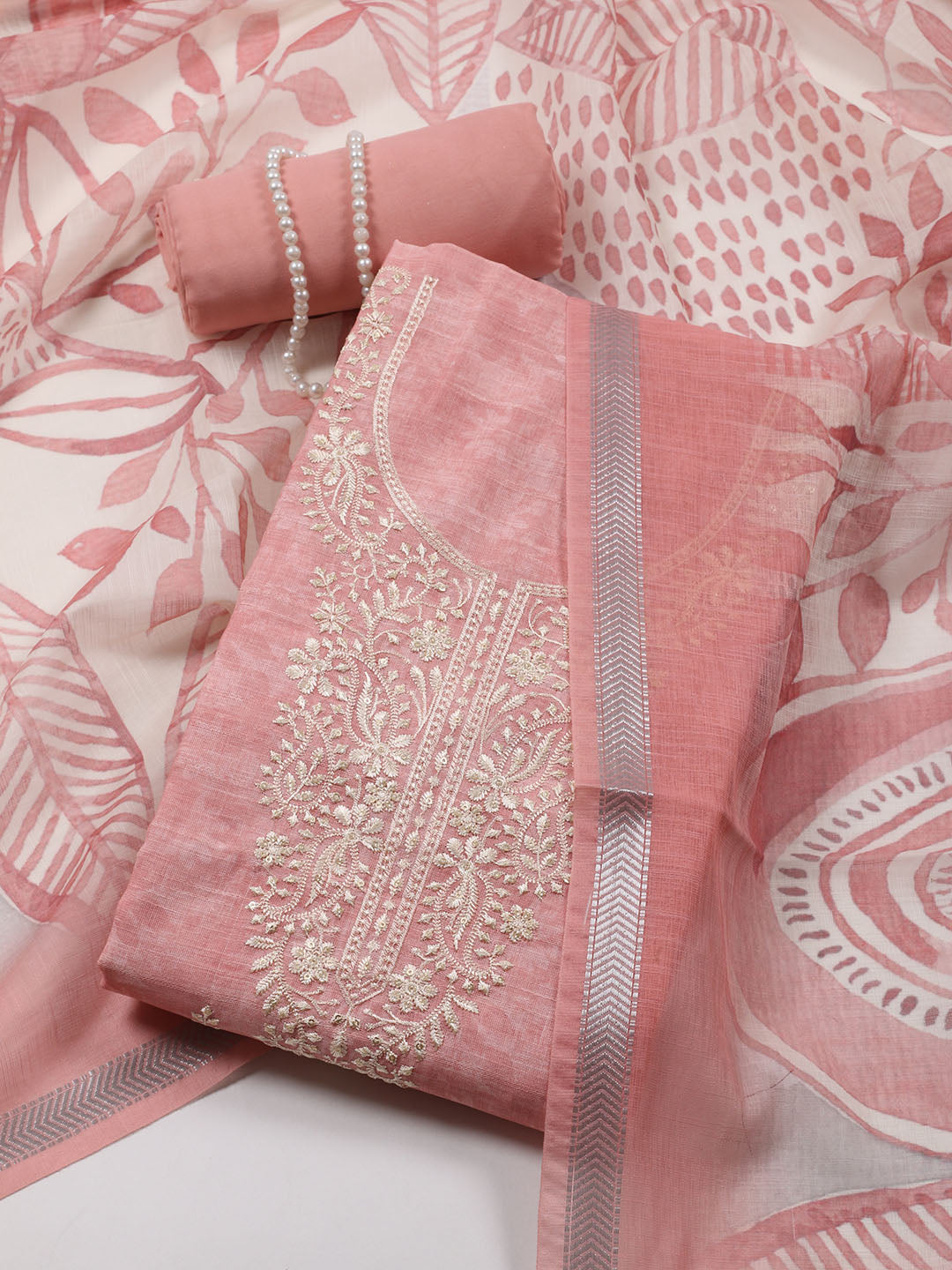 Neck Embroidered Chanderi Unstitched Suit With Dupatta