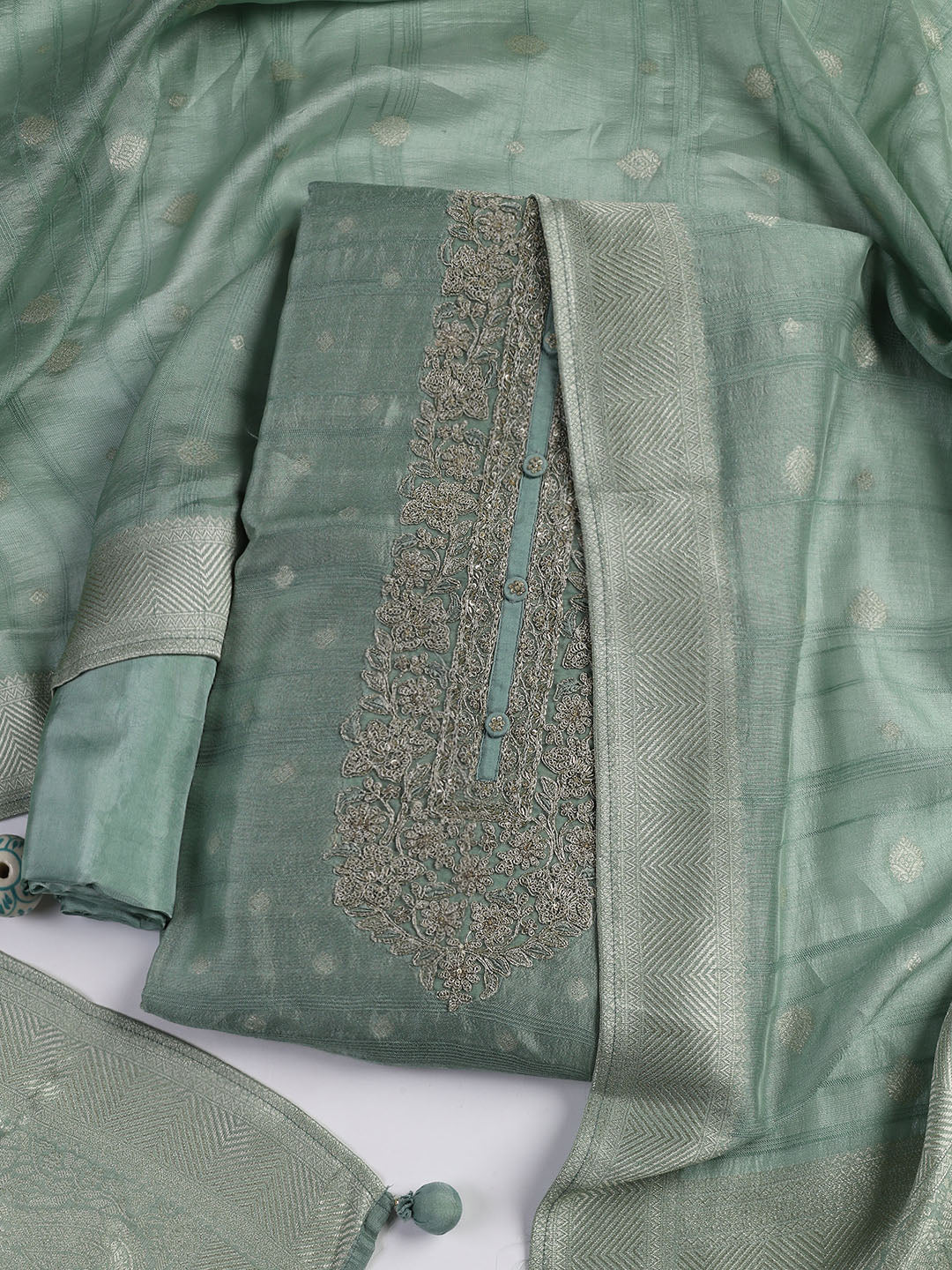 Embroidery Art Silk Unstitched Suit With Dupatta