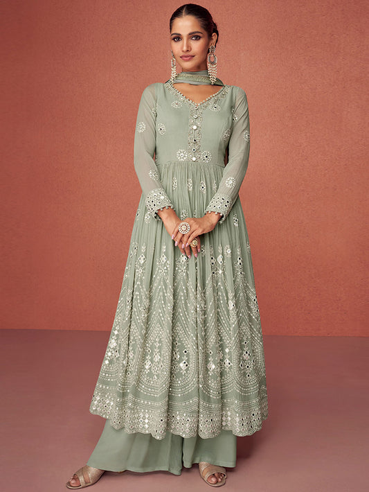 Zari Embroidered Sequin Georgette Kurta With Palazzo And Dupatta