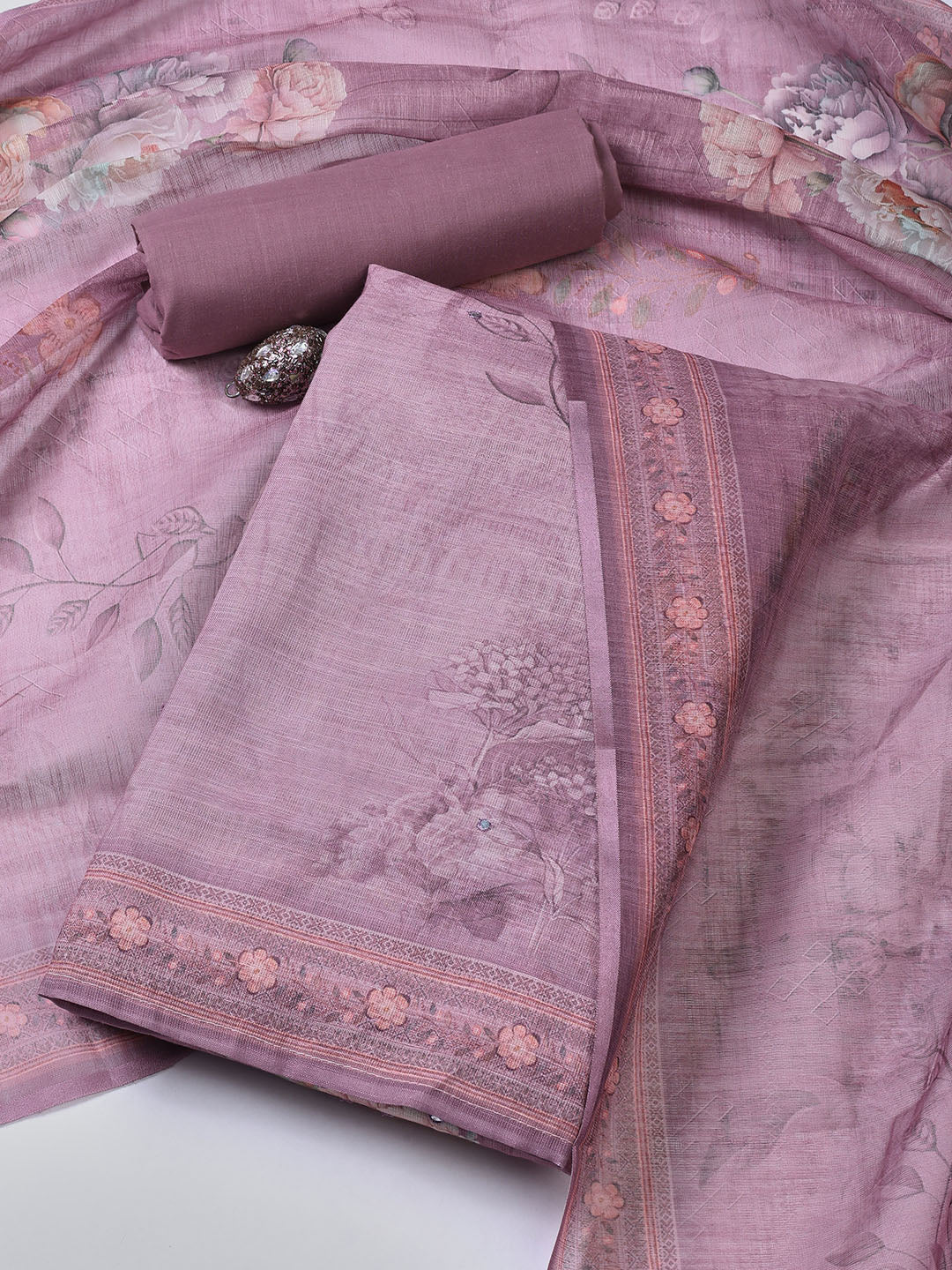 Floral Printed Linen Unstitched Suit With Dupatta