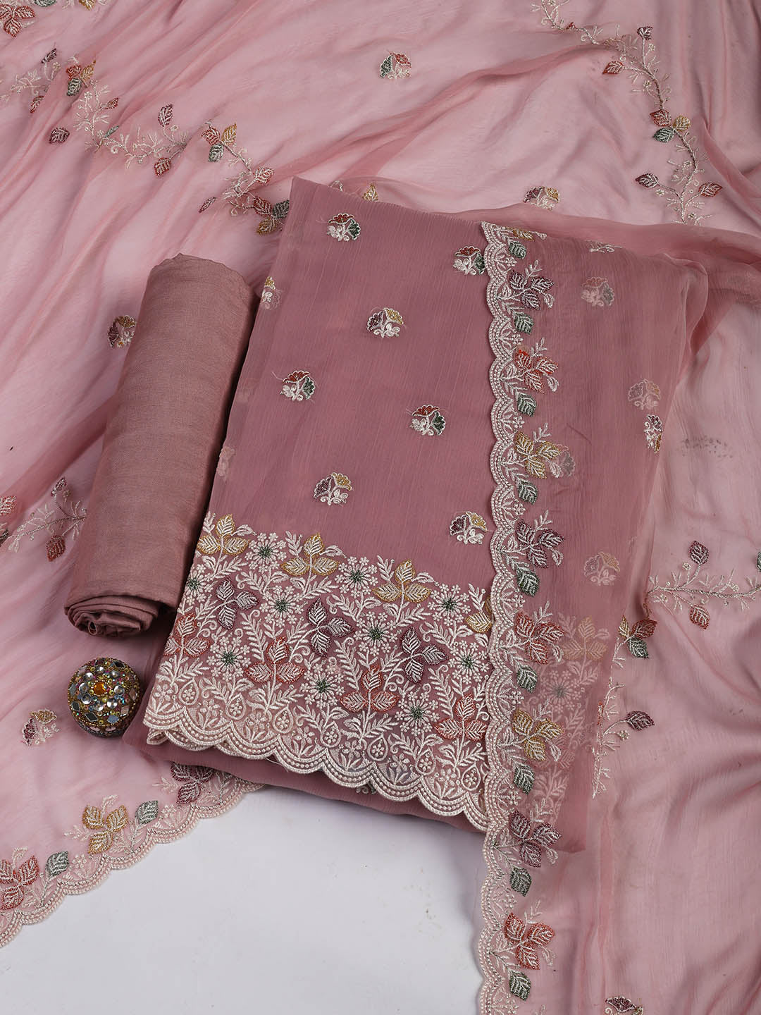 Embroidered Chinnon Unstitched Suit Piece With Dupatta
