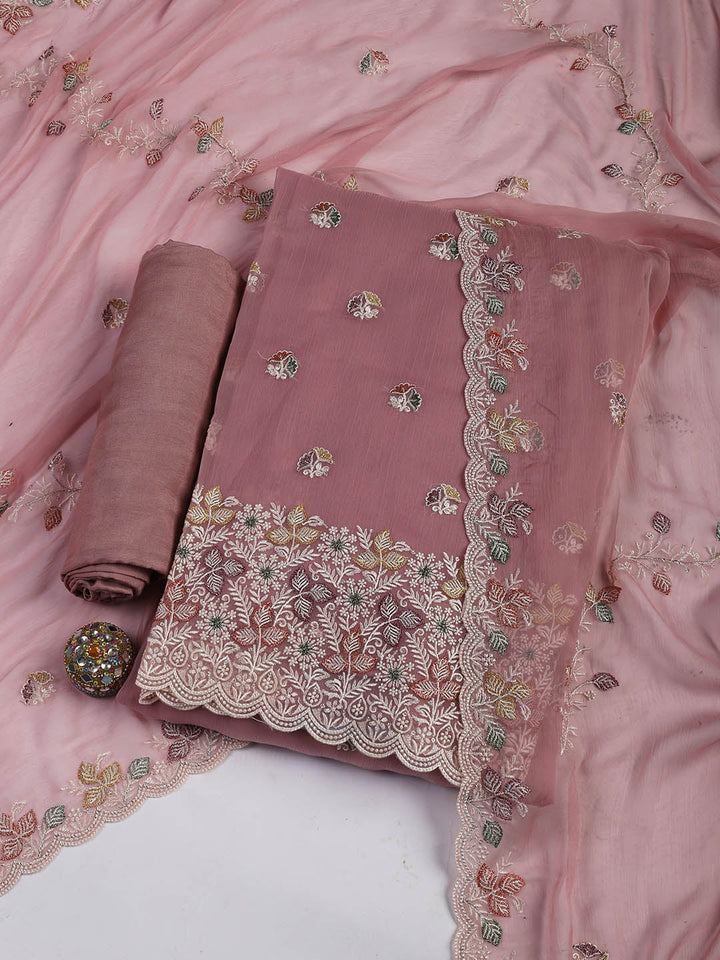 Embroidered Chinnon Unstitched Suit Piece With Dupatta