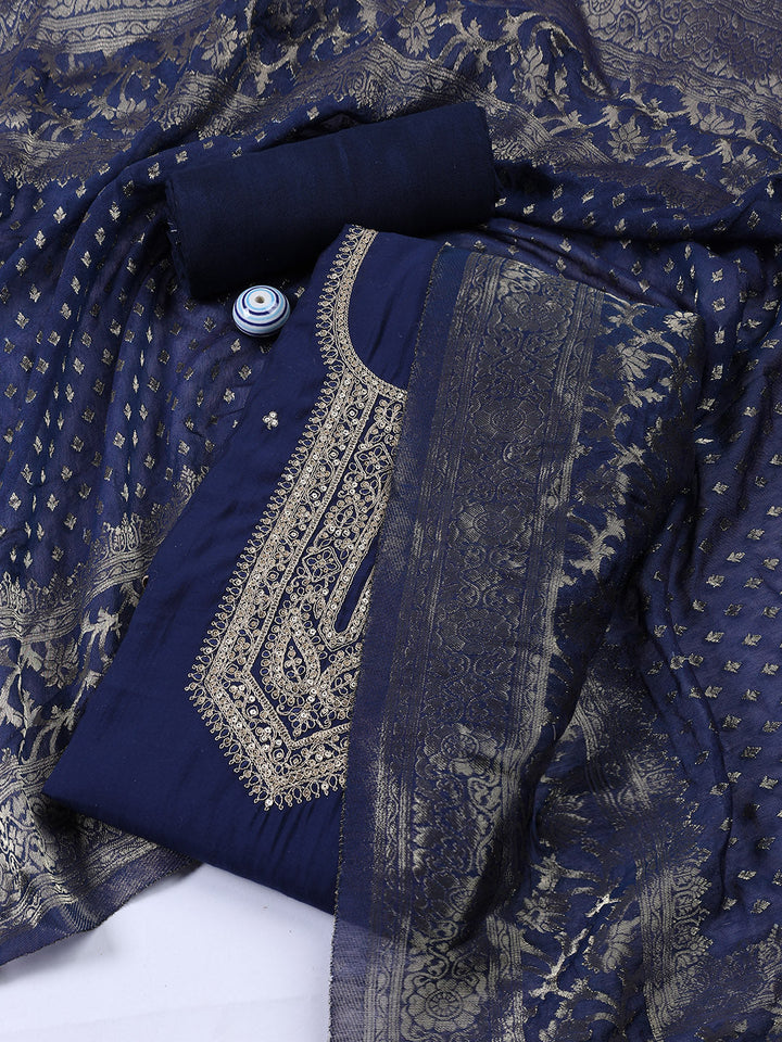 Neck Embroidered Chanderi Unstitched Suit With Dupatta