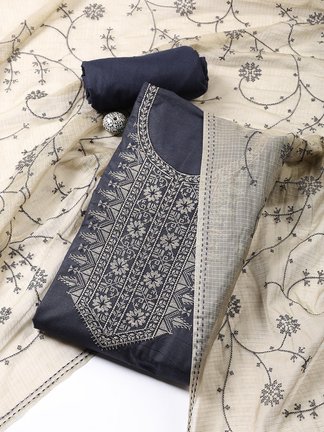 Neck Embroidered Cotton Blend Unstitched Suit Piece With Dupatta
