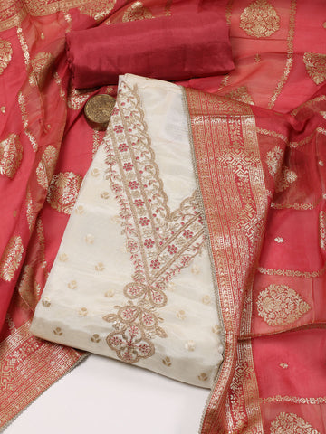 Neck Embroidery Chanderi Unstitched Suit With Dupatta