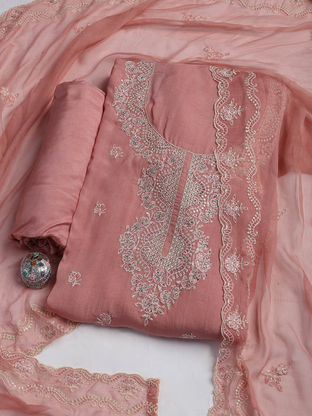 Embroidered Chanderi Unstitched Suit Piece With Dupatta