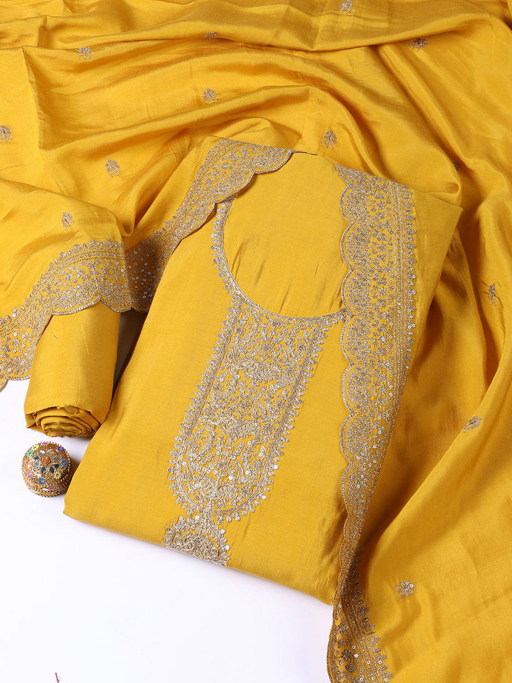 Neck Embroidered Chanderi Unstitched Suit Piece With Dupatta