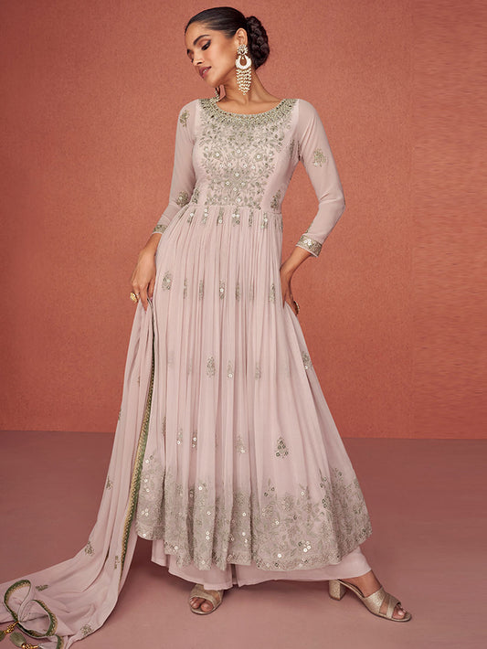 Embroidered Sequin Chinnon Silk Kurta With Palazzo And Dupatta