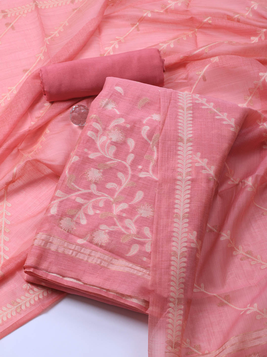Neck Embroidery Chanderi Unstitched Suit With Dupatta