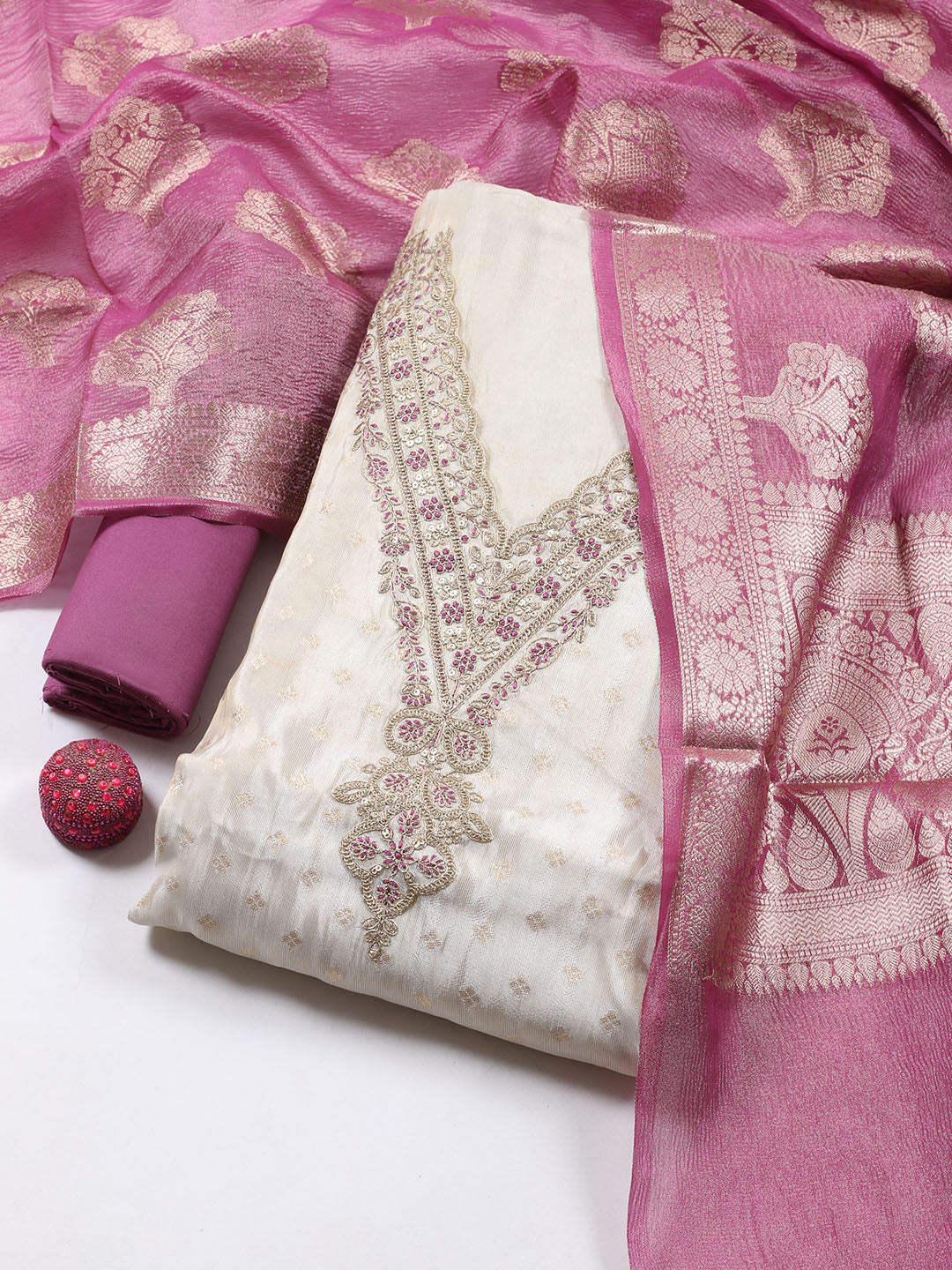 Neck Embroidered Tissue Unstitched Suit Piece With Dupatta