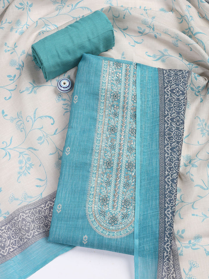 Neck Embroidered Chanderi Unstitched Suit Piece With Dupatta