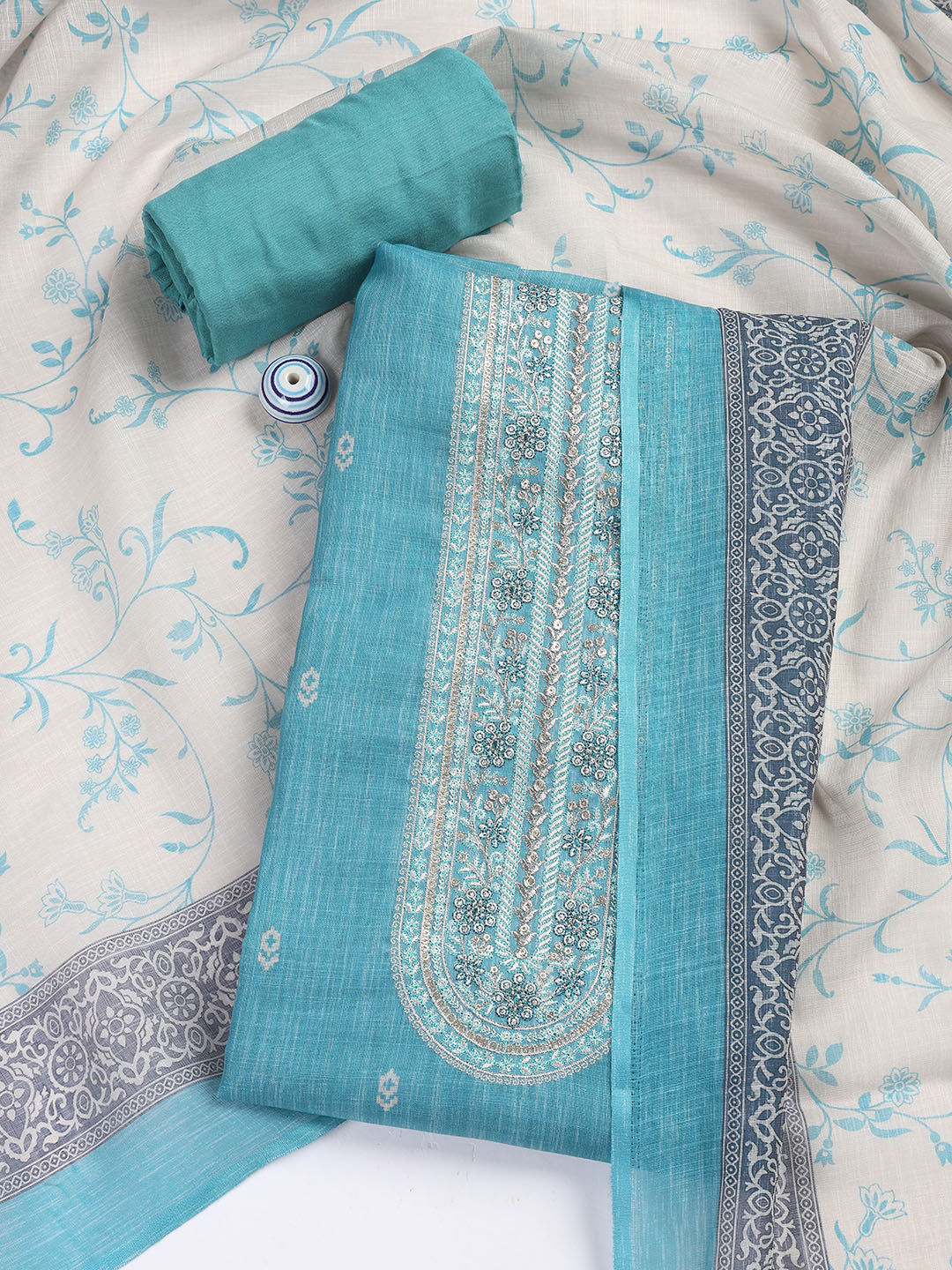 Neck Embroidered Chanderi Unstitched Suit Piece With Dupatta