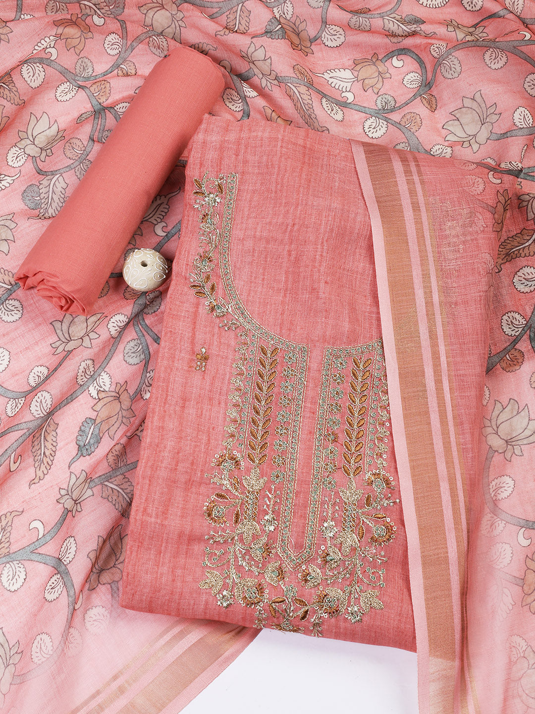 Neck Embroidered Cotton Blend Unstitched Suit With Dupatta