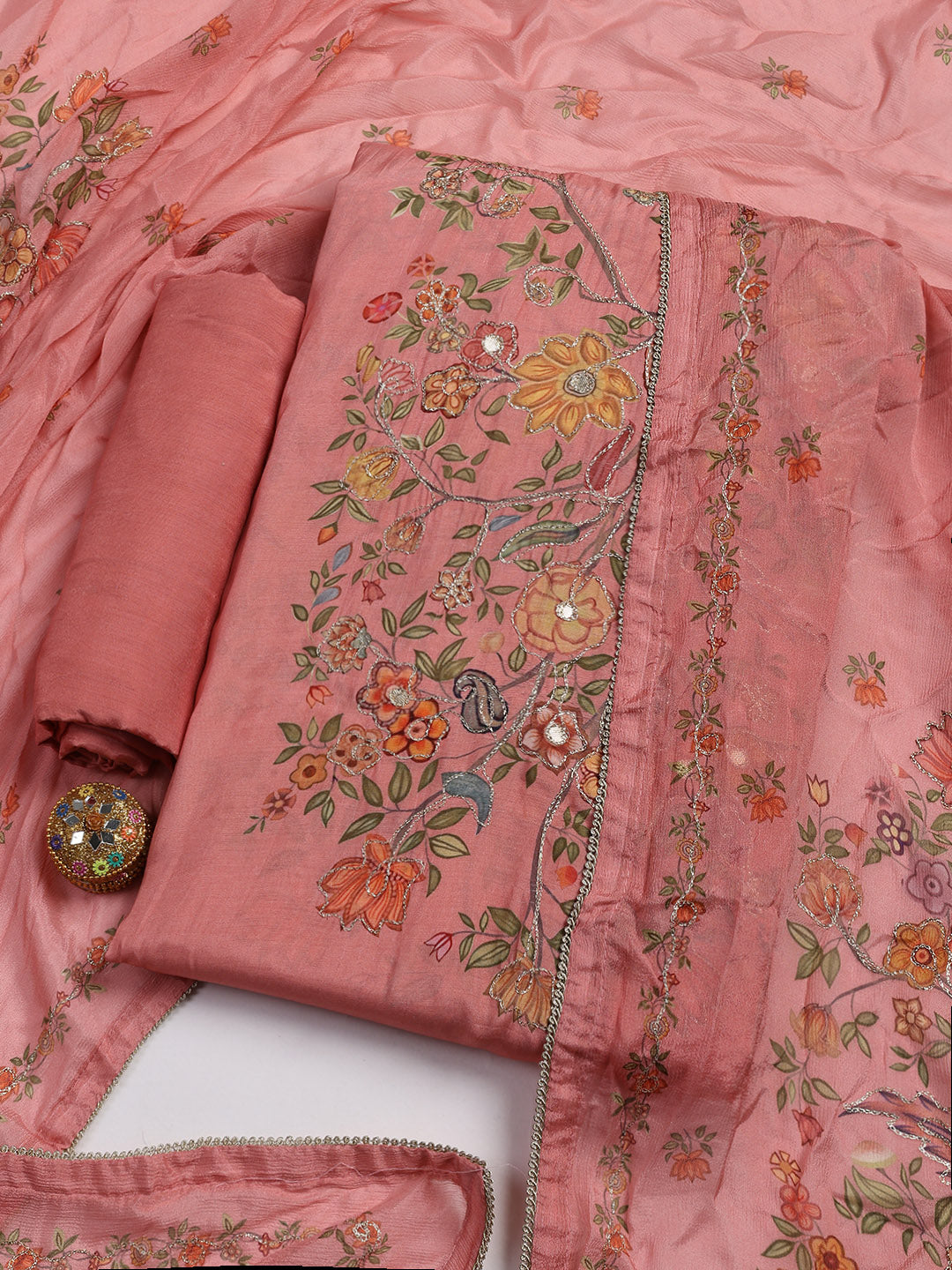 Gota Work Muslin Unstitched Suit Piece With Dupatta