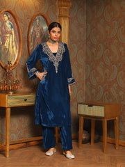 Zari Neck Embroidered Velvet Kurta With Pants