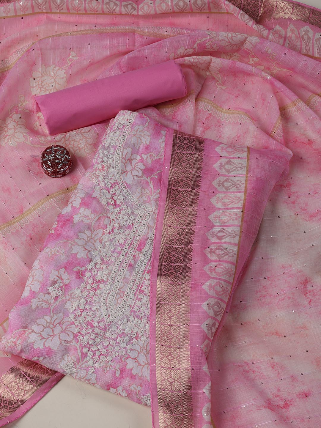 Neck Embroidered Linen Unstitched Suit Piece With Dupatta