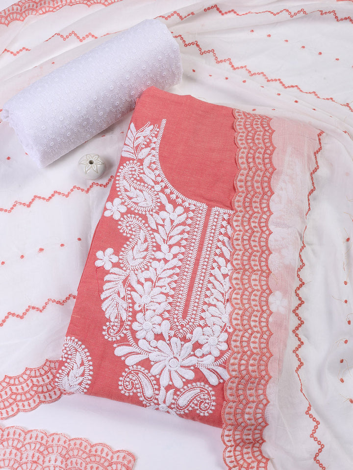 Neck Embroidered Cotton Blend Unstitched Suit With Dupatta